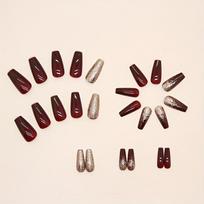 24pcs Golden Glitter Square Press On Nails - Medium Size Acrylic Wine Red Design brown