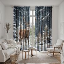 2 pieces of HD forest snow scenery elk decorative curtain Green digital printed curtain home decoration style decoration living W52H63inchW132H160cm