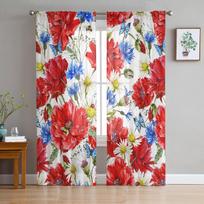 Red Poppy Daisy Flower Modern Curtain For Living Room Transparent Tulle Curtains Window Sheer For The Bedroom Accessories Decor W135 x H114cm red