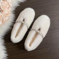 Fashion Fashion Leopard Fur Ballet Flats Woman Designer Rhinestone Buckle Strap Mary Jane Shoes Ladies Winter Warm Plush Shallow Loafers 34 balta