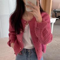Chic Autumn and Winter Retro Round Neck Loose Sweater Cardigan Women Long Sleeve Casual Solid Short Knitted Cardigans Women Slim Knitwear Coats 25429 One Size rožinė