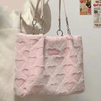 Cute Furry Women's Casual Tote Bags Love Heart Ladies Sweet Shoulder Underarm Bags Solid Color Female Fashion Plush Handbags gray