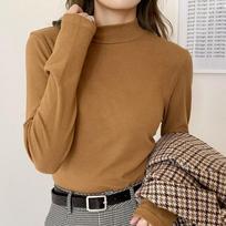 Autumn Half High Neck Casual Base T-shirt Women Winter Fashion Velvet Long Sleeve Pullovers T Shirt Women Elegant Solid Slim Fit Female Tee Tops 25576 S oranžinė