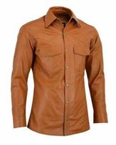 Stylish Tan Men's Shirt Genuine Lambskin Leather Handmade New Biker Motorcycle XS gelsvai ruda