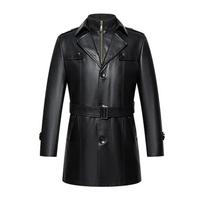Winter new style men's mid-length genuine leather windbreaker men's business leather coat plus velvet sheepskin jacket trendy 195 black