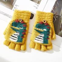 5-12 Years Old Children's Cartoon Knitted Half-finger Flip Gloves Winter Warm Cute Dinosaur Boy Student Writing average size