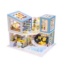 Baby House Kit Mini DIY Handmade 3D Puzzle Assembly Building Villa Model Toys, Home Decoration with Furniture Wooden P544 beige