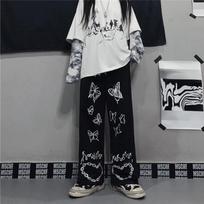 Hong Kong Style Butterfly Print Gender-Neutral Wide-Leg Pants for Women - Trendy, Casual, All-Match, Straight, Loose, Autumn Wear G22 Casual Pants, M juoda