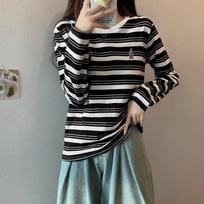 Hong Kong style retro contrast color striped T-shirt women's long-sleeved design with unique embroidery pure cotton loose bottoming shirt top autumn S