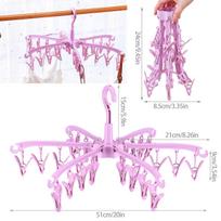 Sock Drying Rack Folding Laundry Clothes Hanger 24 Clips Plastic Rotatable Dryer Clothes Drying Racks Organization for Underwear pink
