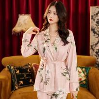 Ice Silk Pajamas Women's Imitation Silk Nightgown Sling Three-piece Set Summer New Style Outfit for Home M brown