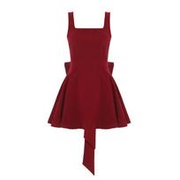 Women's Retro Red Square Collar Bow Waist Slimming Temperament Backless Sexy Vest Dress S raudona