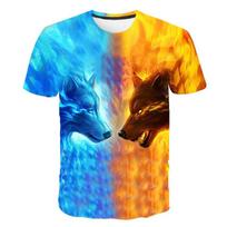 Summer Men's Wolf 3D Digital Printed T-shirt Trendy Round Neck Loose Men's Casual Short Sleeve T-Shirts Men’s S blue