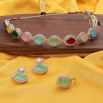 Multi-Colour Stones Austrian Diamonds Choker Necklace Earring Ring Set For Women