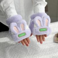 Moteriškos mielos zuikučio pliušinės žieminės pirštinės - Šiltos, be pirštų, atlenkiamos, skirtos rašymui ir važiavimui dviračiu One Size violetinė
