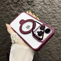 Magnetic Lens Metal Ring Stand Phone Case For IPhone 15 11 12 14 13 Pro Max Lens Glass Film Protection Transparent Magsafe Cover For iphone 15 raudona