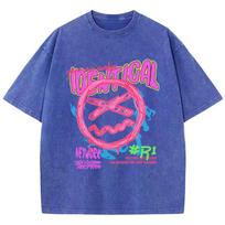 Fashion Women Cotton Washed T-Shirt Funny Sad Expression Graffiti Print Tees Street Short Sleeve Oversize Clothing S blue