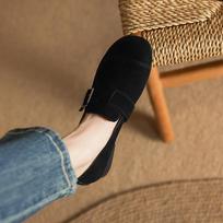 Krazing Pot Cow Suede Nubuck Spring Summer Size 41 Thick Low Heels Women Round Toe Metal Buckle Slip on Pumps 35 juoda