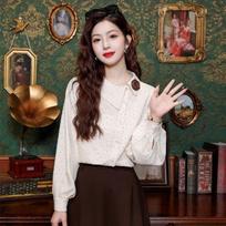 Hong Kong Style Retro Irregular Polka Dot Long-sleeved Shirt for Women In Winter Fashionable Age-reducing Design Versatile Top S