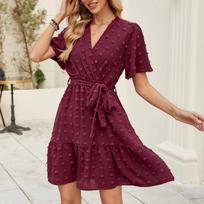Women's V-neck Pom Pom Sleeve V-neck Waist Strap Summer Dress S bordinė