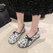 New Women's Ballet Flat Shoes Retro Chinese Women's Comfortable Soft Shoes Cotton Button Print 35