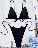 Moteriškas maudymosi kostiumėlis vientisos spalvos trikampio formos su raišteliais, padalintas maudymosi kostiumėlis, bikinis, paplūdimio drabužiai, maudymosi kostiumėliai S juoda