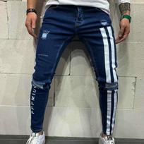 Vyriškos plėšytos elastinės mažos pėdos Džinsai Dryžuotos raidės Spausdinimas Pantalones Džinsai Hombre Vyriškos džinsinės kelnės Hip Hop S