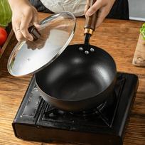10'' Iron Wok Chinese Cookware with Hanging Hook Frying Pan Flat Bottom for Hotel with Lid