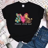 (Premium T-shirt)Peace Love Cat Letter Printed Women T-Shirts Peace Love Cat Short Sleeve Shirts Summer Round Neck Tee Shirt top M juoda