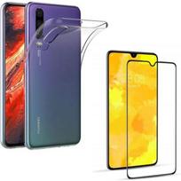 Huawei P30 Case - Transparent Soft Silicone + Full Black Edge Tempered Glass Screen Protector [Phonillico®] skaidri