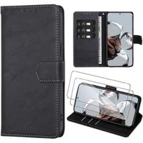 Coque pour Xiaomi 12T Pro + 2 Verres Trempés, Antichoc Intégral Portefeuille Effet Cuir Noir
