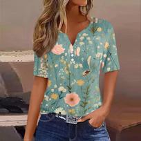 Women's T Shirt Print Button Short Sleeve Daily Weekend Fashion Basic V-Neck Regular Top L tamsiai žalia spalva