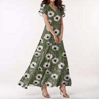 Women's Casual V-neck Short Sleeve High Waist Retro Flower Leaf Print Dress L armijos žalia spalva
