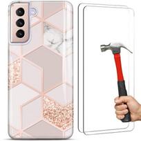 Case + 2 Tempered Glasses for Samsung Galaxy S21, Slim Elegant Case Pink Marble Pattern Shockproof rožinė