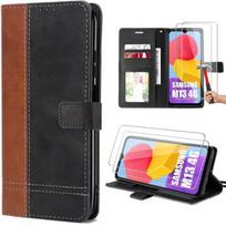 Coque pour Samsung Galaxy M13 avec 2 Verres Trempés, Antichoc Intégral Synthécuir Noir-Marron