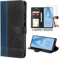 Case for Samsung Galaxy A52s A52 4G-5G with 2 Tempered Glasses, Two-Tone Navy Blue Synthetic Leather mėlyna