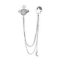 Sophisticated Crystal Moon Planet Lapel Pin Adornment for Men Rhinestone Collar Accessory with Hanging Chain Brooch