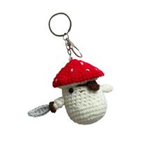 Crochet Mushroom Pirate Keychain Crochet Doll Keyring Soft Cotton Yarn Handmade Amigurumi for Bag and Phone Decoration raudona