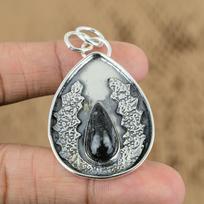 Womens day Deal Sterling Silver Pear Orthoceras Fossil Gemstone Mother Pendant