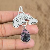 Womens day Deal Natural Rhodonite 925 Silver Sister Elegant Fish Pendant Jewelry