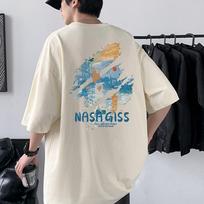 Men's Nasa Giss Printed T-Shirt  Hip Hop Style Dropped Shoulder Loose Tee 4XL smėlis