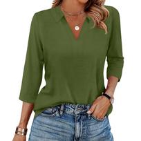 Women's Fashion Casual Lapel Short 3/4 Sleeve Solid Color Shirt Women's V-Neck Tops S geltona