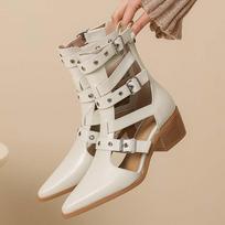 Krazing Pot Cow Skin Pointed Toe Size 43 Chunky Heels Summer Boots Rivets Fashion Hollow Out Belt Buckle Ankle Boots 34 dramblio kaulas