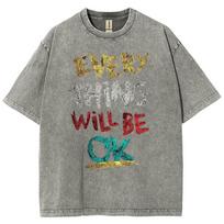 Viskas bus gerai Monogramos spaudinys Moteriški skalbiami marškinėliai Imituotas džinsas Oversized Trumpomis rankovėmis Kasdienis dizainas Viršutinė dalis S