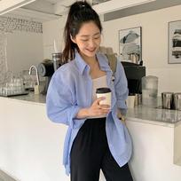 2023 Korean Plaid Midi Shirt - Early Autumn Bubble Cotton Extra Large mėlyna