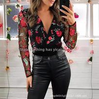 Hot-Selling Sexy Women's V-Neck Embroidered Mesh Long-Sleeve Blouse XXL raudona