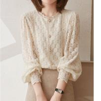 Women's French Lace Lantern Sleeve Top: Autumn/Winter Brushed Crochet Hollow-Out Shirt S