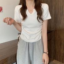 Design Sense V-neck Slim Fit Drawstring Short Sleeve Women's T-shirt – 2023 Summer Collection Medium