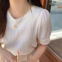 Korean Chic Women's Puff Sleeve Lace Patchwork Pleated White Summer Top Large balta