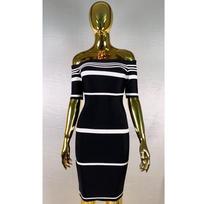 Chic Off-Shoulder Striped Bandage Party Dress - Elegant, High-Stretch, Sexy, Short Evening Skirt L
